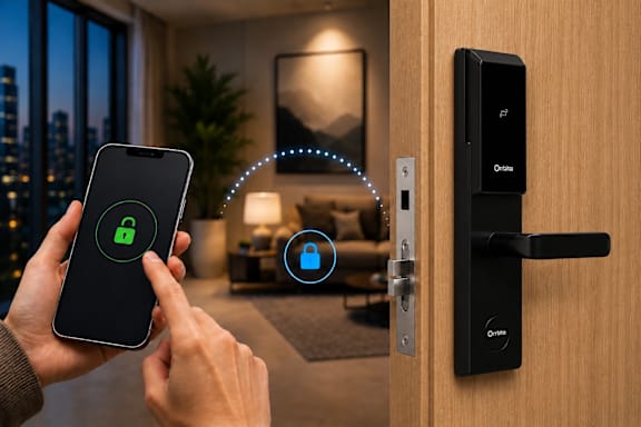 A person is using a smartphone to unlock a door with a digital lock.