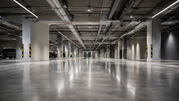 A long, empty parking garage with concrete pillars and polished floors.