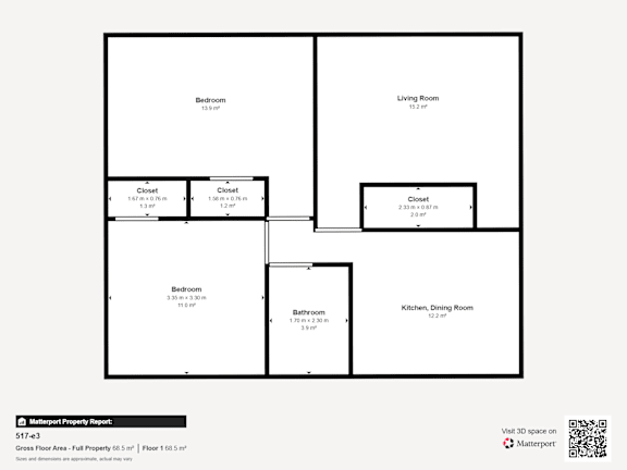 A floor plan of a property with a bedroom, living room, kitchen, dining room and closets.