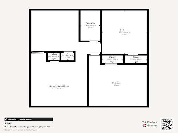 A floor plan of a property with a kitchen, living room, two bathrooms, and two bedrooms.
