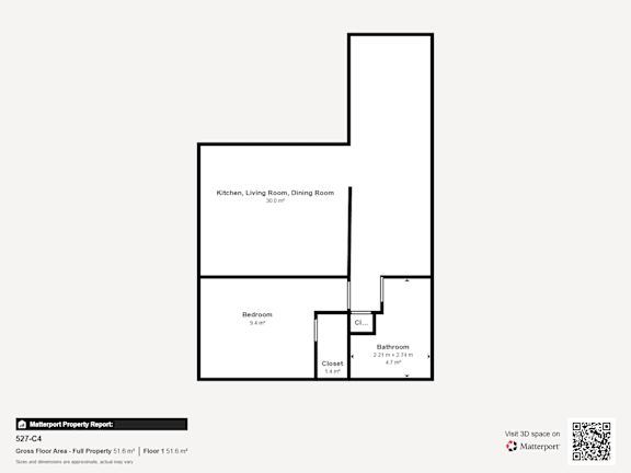 A floor plan of a property with a kitchen, living room, dining room, bathroom and bedroom.