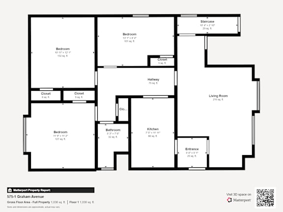 A floor plan of a property with a living room, kitchen, and three bedrooms.