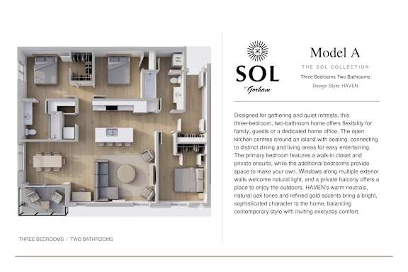 A layout of a three bedroom, two bathroom home with a description of the design style and features.