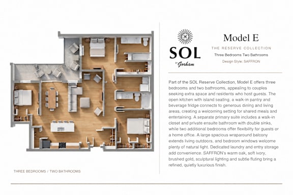 A floor plan of a residence with three bedrooms and two bathrooms.
