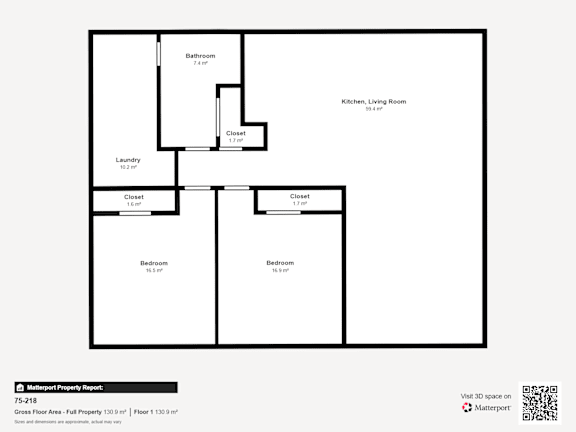 A floor plan of a property with a laundry room, two bathrooms, a kitchen, and two bedrooms.