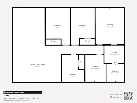 A floor plan of a property with a kitchen, living room, and four bedrooms.