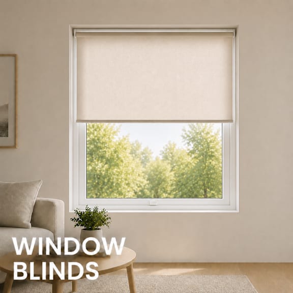 A window with blinds and a plant on the table.