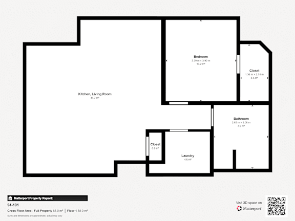 A floor plan of a property with a kitchen, living room, two bathrooms and two closets.
