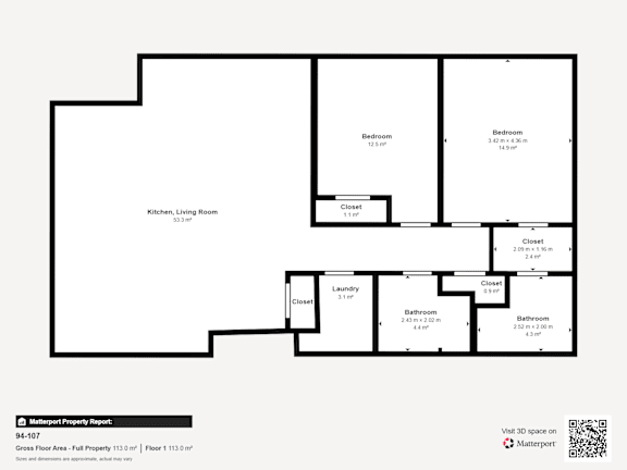 A floor plan of a property with a kitchen, living room, two bedrooms, a laundry room, and two bathrooms.
