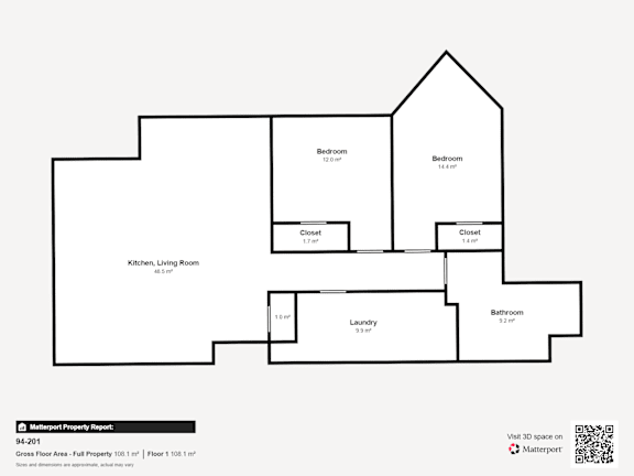 A floor plan of a property with a kitchen, living room, two bathrooms and a laundry.