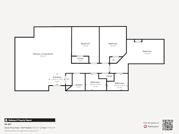 A floor plan of a property with a kitchen, living room, and three bedrooms.