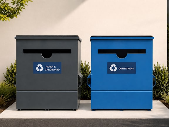 Two recycling bins, one grey and one blue, are labeled for paper and cardboard.