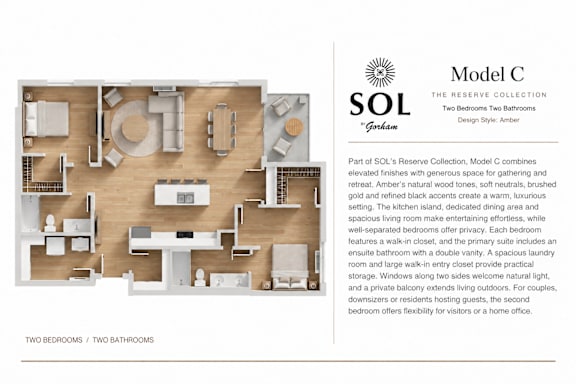 A floor plan of a SOL residence with two bedrooms and two bathrooms.