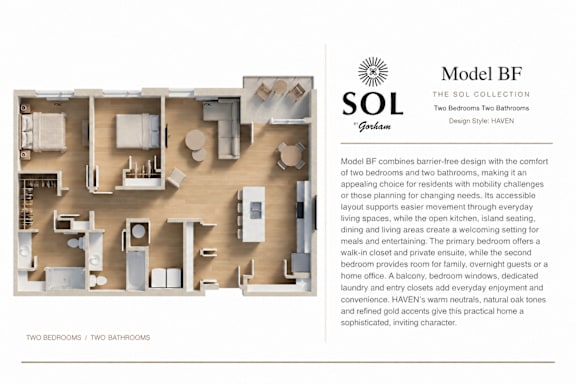 A floor plan of a two bedroom, two bathroom apartment with a description of the layout and features.