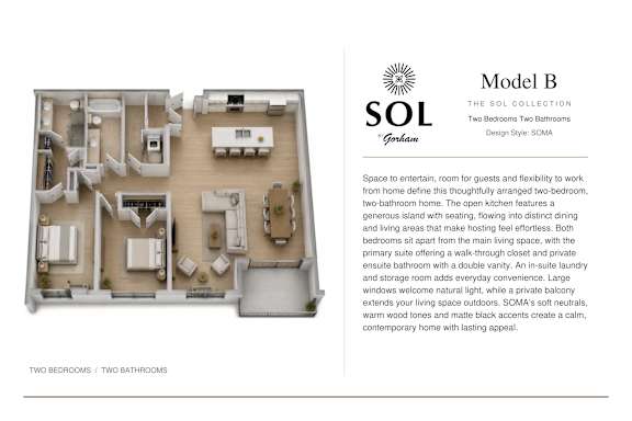 A floor plan of a two bedroom, two bathroom apartment with a description of the layout and features.