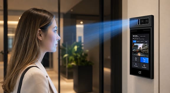 A woman is looking at a digital display on a wall.