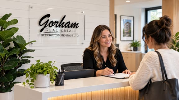 A woman is sitting at a reception desk for Gorham Real Estate.