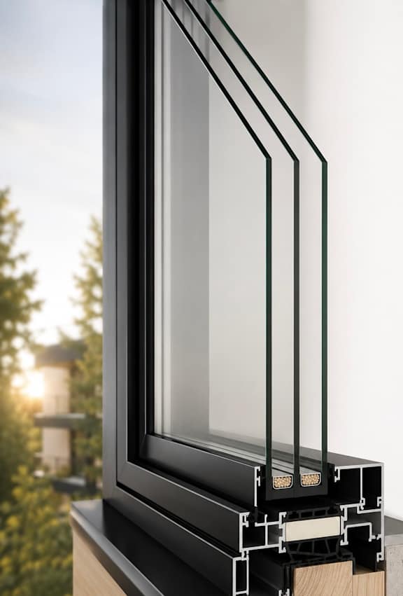 A close up of a window frame with a black frame and clear glass.