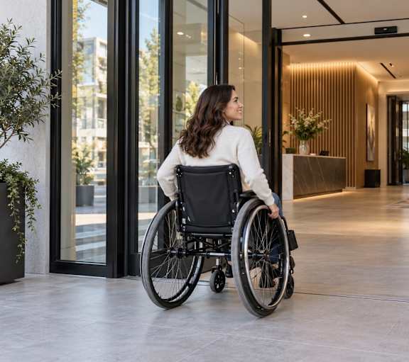 A woman in a white sweater is sitting in a wheelchair in a modern building.