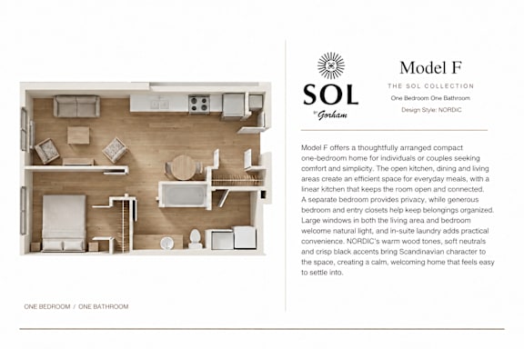 A webpage layout for a One Bedroom One Bathroom home with a description of the layout and features.