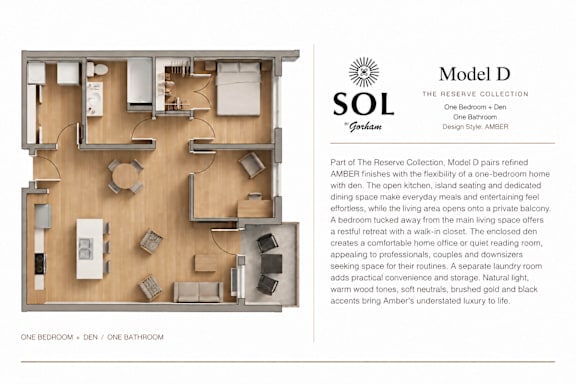 A floor plan of a one bedroom den with a one bathroom.