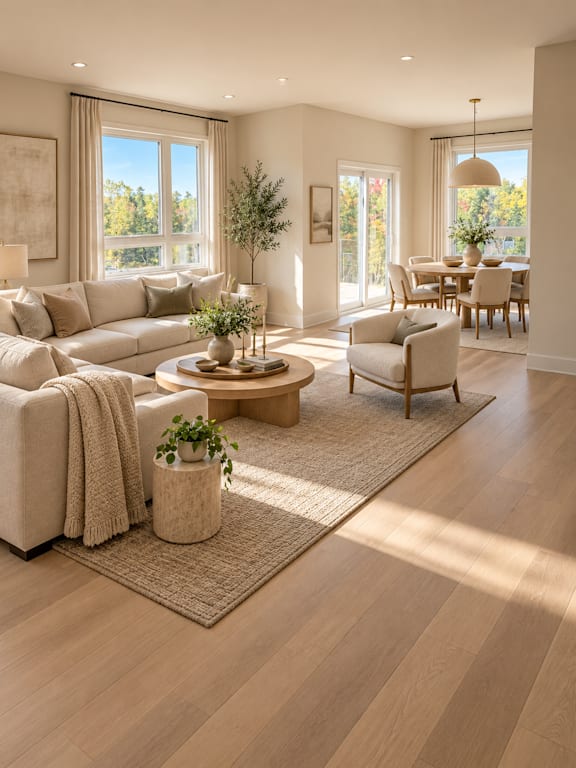 A well-lit, spacious living room with a large window, a sofa, a coffee table, and a dining table.