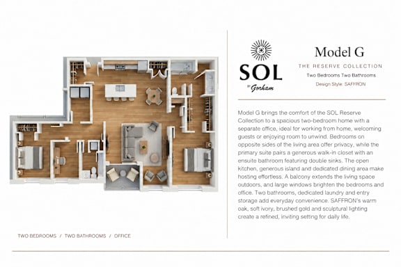 A floor plan and description of Model G, a two-bedroom, two-bathroom home with a separate office, from SOL Reserve Collection.