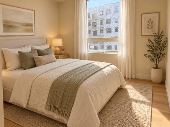 A bedroom with a large bed and a window overlooking a building.
