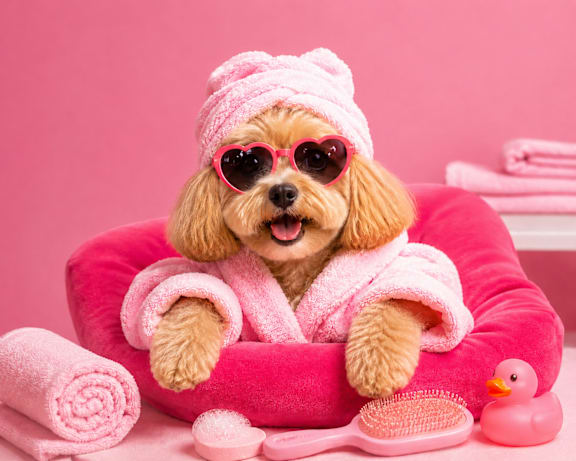 A dog in a pink bathrobe and hat is sitting on a pink chair with a pink towel and a pink rubber duck.