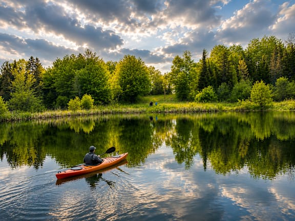 A person is kayaking on a calm lake with trees in the background.