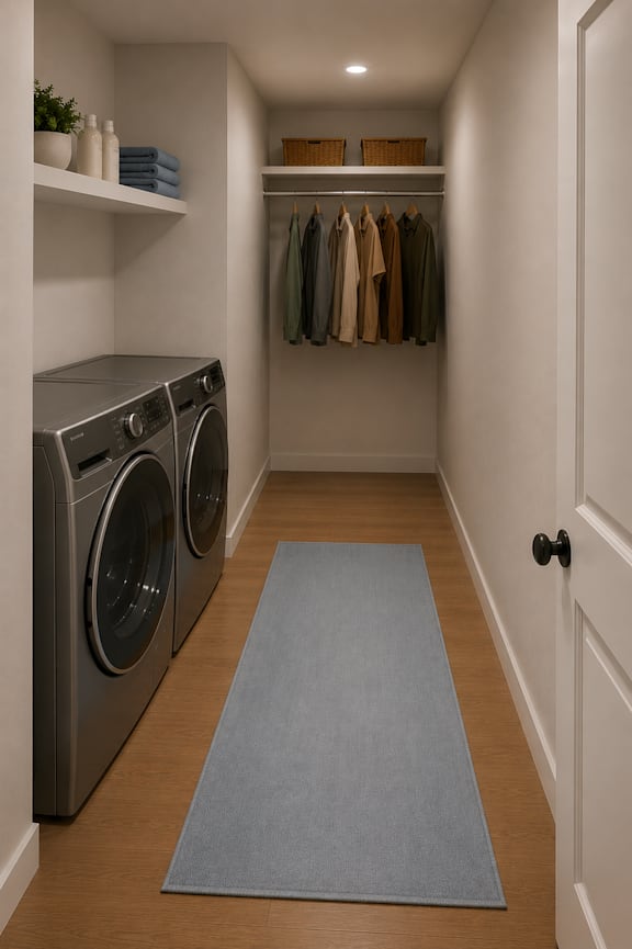 A laundry room with a washer and dryer and a blue rug on the floor.