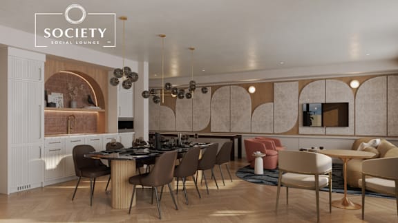 A modern dining area with a wooden table and chairs.