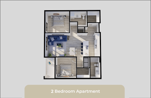 A 2 Bedroom Apartment layout with a kitchen, living room, and bathroom.