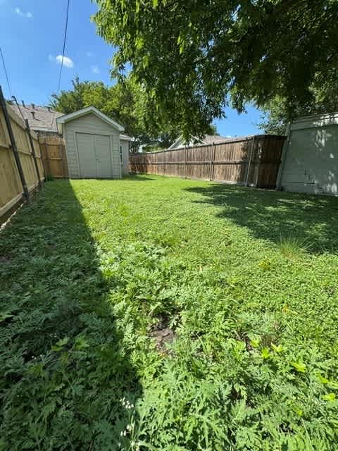 A backyard with a shed and a fence.