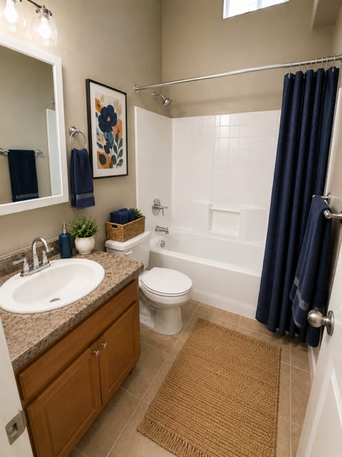 A bathroom with a toilet, sink, and shower.