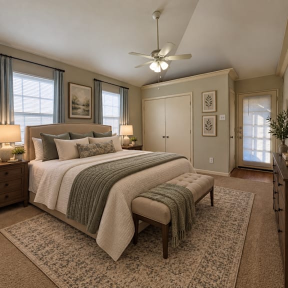 A bedroom with a large bed and a ceiling fan.