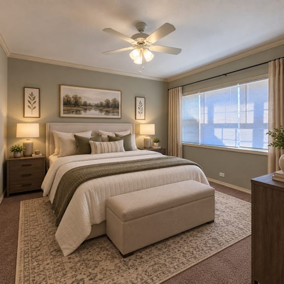 A bedroom with a large bed and a ceiling fan.