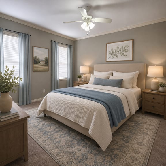 A bedroom with a large bed, a ceiling fan, and a rug on the floor.