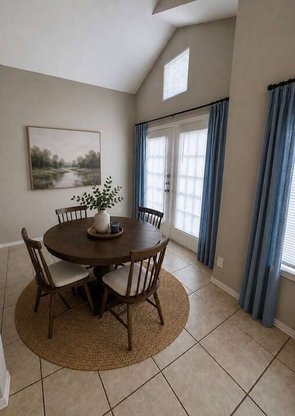 A dining room with a round table and chairs.
