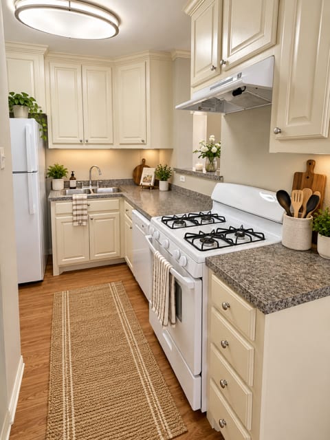 A kitchen with white appliances and cabinets.