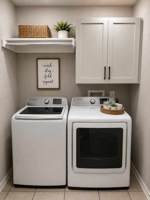 A small laundry room with a washer and dryer.