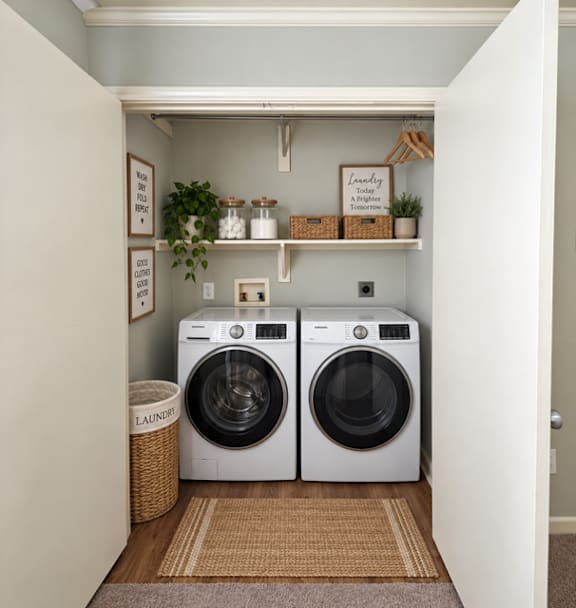 A laundry room with two washing machines and a basket.