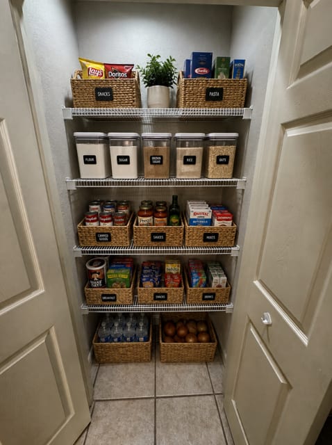 A pantry with shelves stocked with food and drinks.