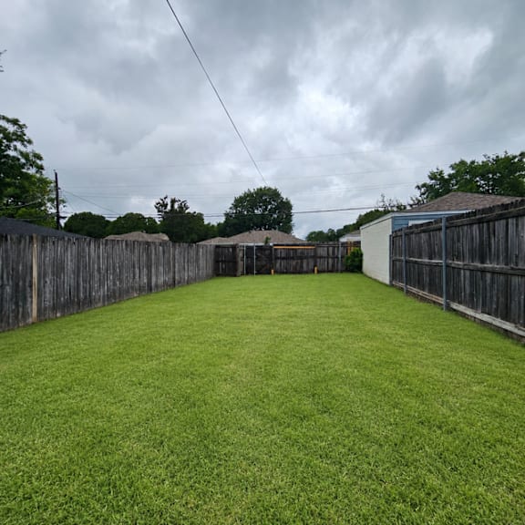 A backyard with a wooden fence and a green lawn.