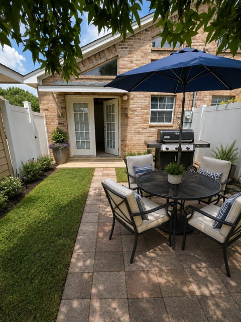 A patio with a table and chairs and an umbrella.