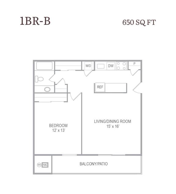 A floor plan for a 1BR-B apartment is 650 square feet and includes a living/dining room, bedroom, and balcony/patio.