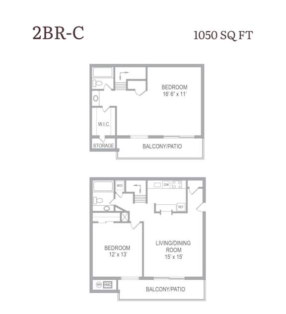 A floor plan for a 2BR-C apartment is 1050 square feet with two bedrooms, a living/dining room, a balcony/patio, and storage.
