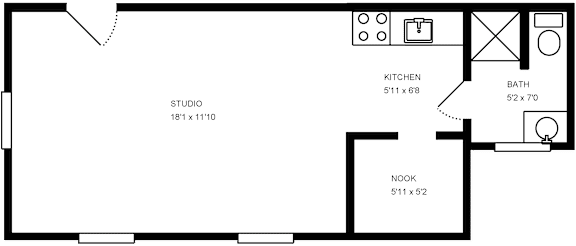 A floor plan of a house with a studio, kitchen, bath, and nook.