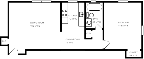 A floor plan of a home with a living room, dining room, kitchen, bathroom, and bedroom.