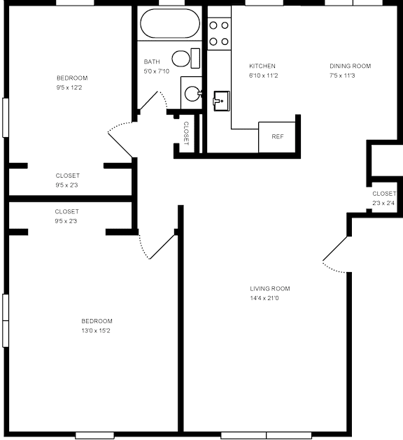 A floor plan of a house with a living room, dining room, kitchen, and four bedrooms.